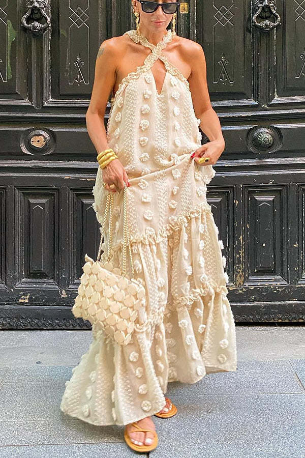 Sweet By The Sea Flower Decor Halter Party Maxi Dress-consonak