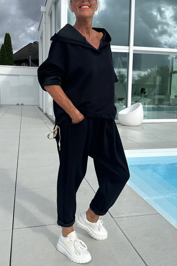 Solid Color Loose Hooded Sweatshirt and Elastic Waist Pocket Pants Set-consonak