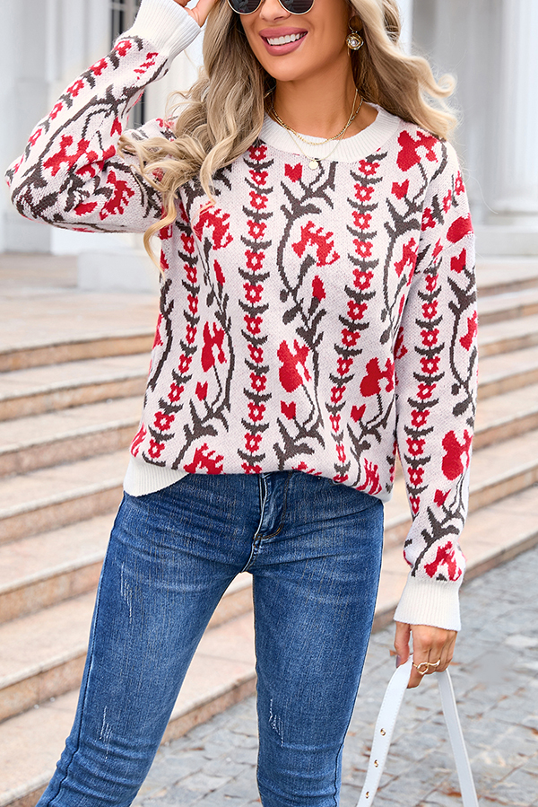 Fashionable Floral Knitted Crew Neck Casual Sweater-consonak