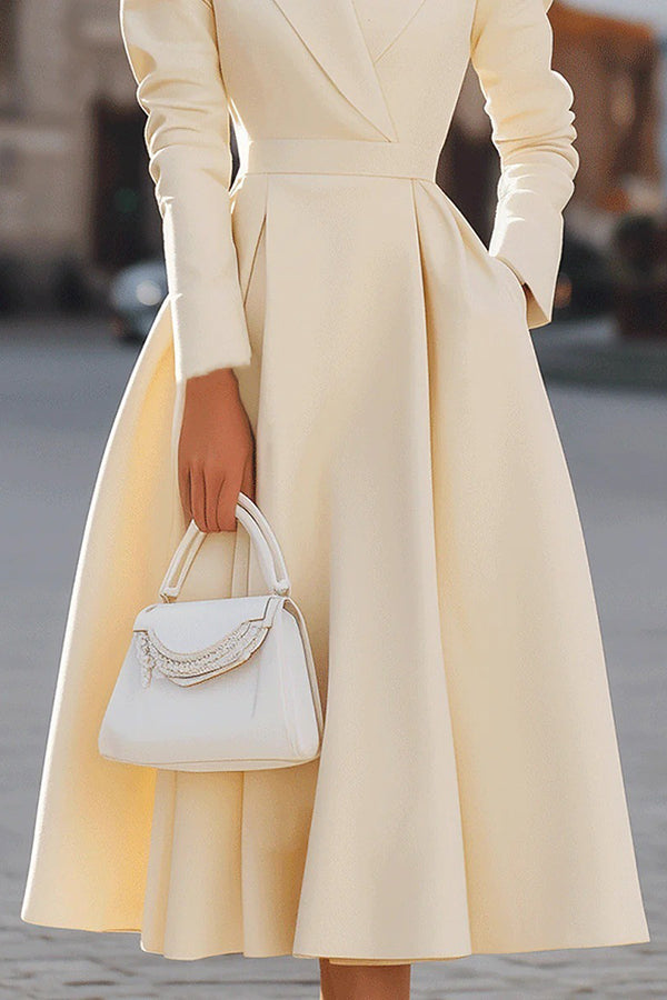 Solid Color Lapel Long Sleeve Waist Pocket Midi Dress | Consonak