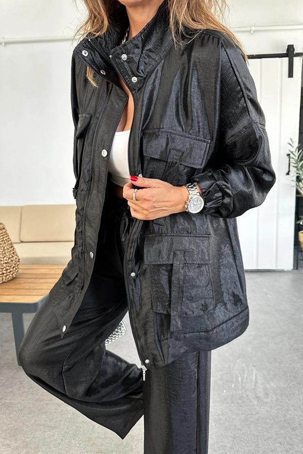 Easy on Me Metallic Fabric Flap Pocket Cargo Style Zipper Loose Jacket | Consonak