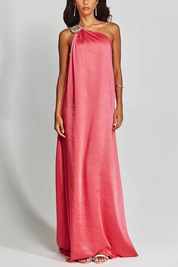 Charming Glance Satin Metal Hardware One Shoulder Loose Maxi Dress-consonak
