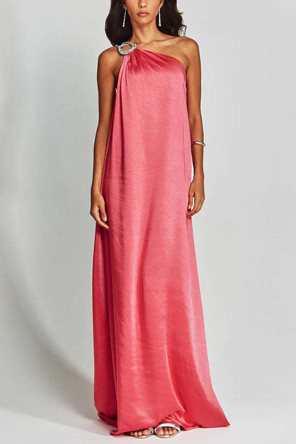 Charming Glance Satin Metal Hardware One Shoulder Loose Maxi Dress-consonak
