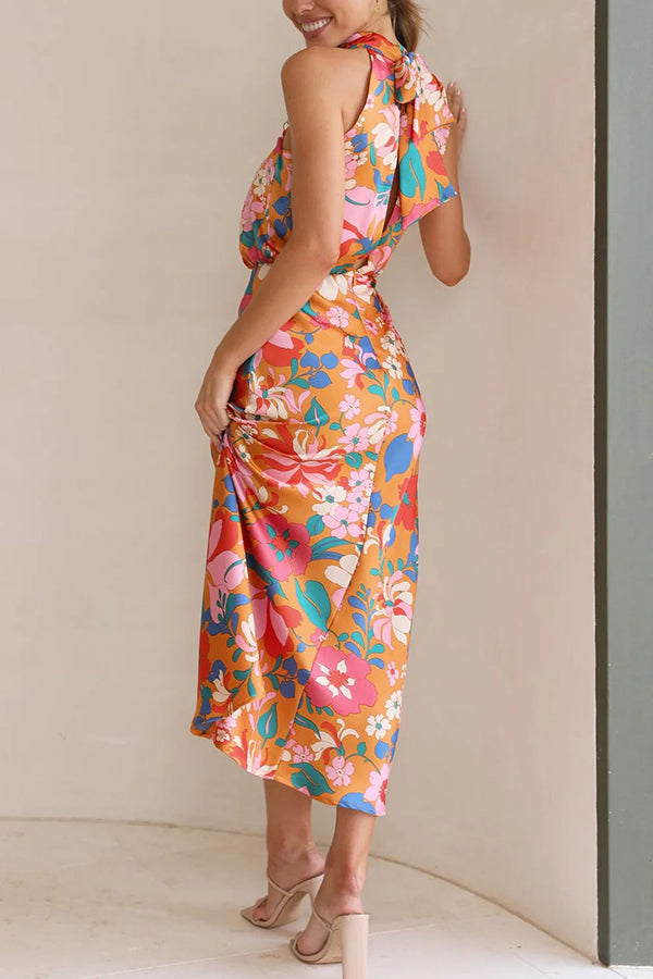 Fascinating Day Floral Halter Neck Elastic Waist Maxi Dress-consonak