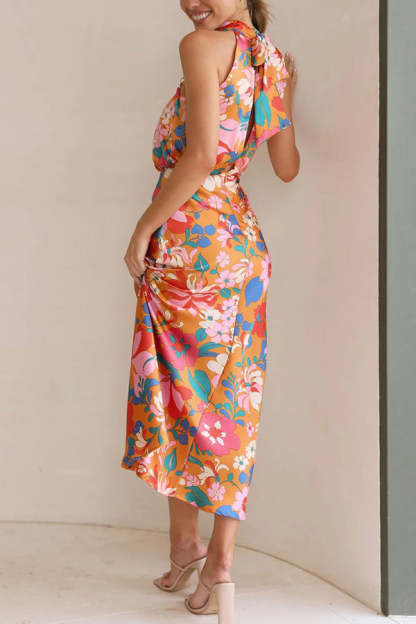 Fascinating Day Floral Halter Neck Elastic Waist Maxi Dress-consonak