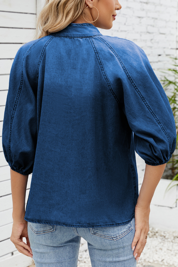 Fashionable Tie-up Bow Loose Lantern Sleeve Denim Top