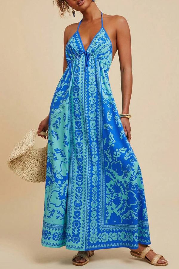 Unique Printed V-neck Backless Casual Vacation Maxi Dress