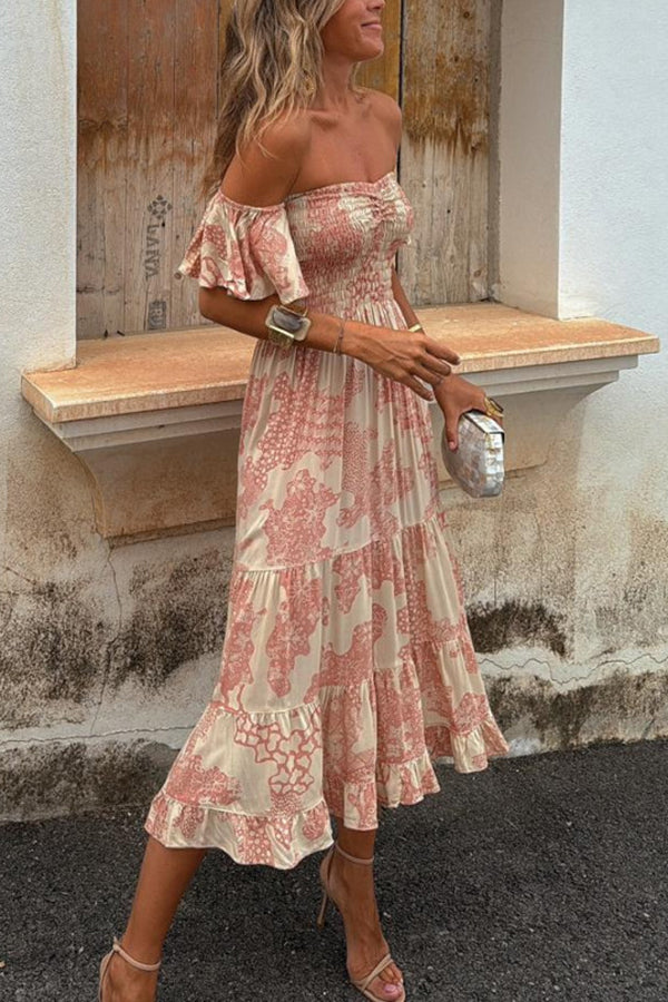 Pitaya Unique Print Off Shoulder Smocked Ruffle Sleeve Layered Midi Dress | Consonak
