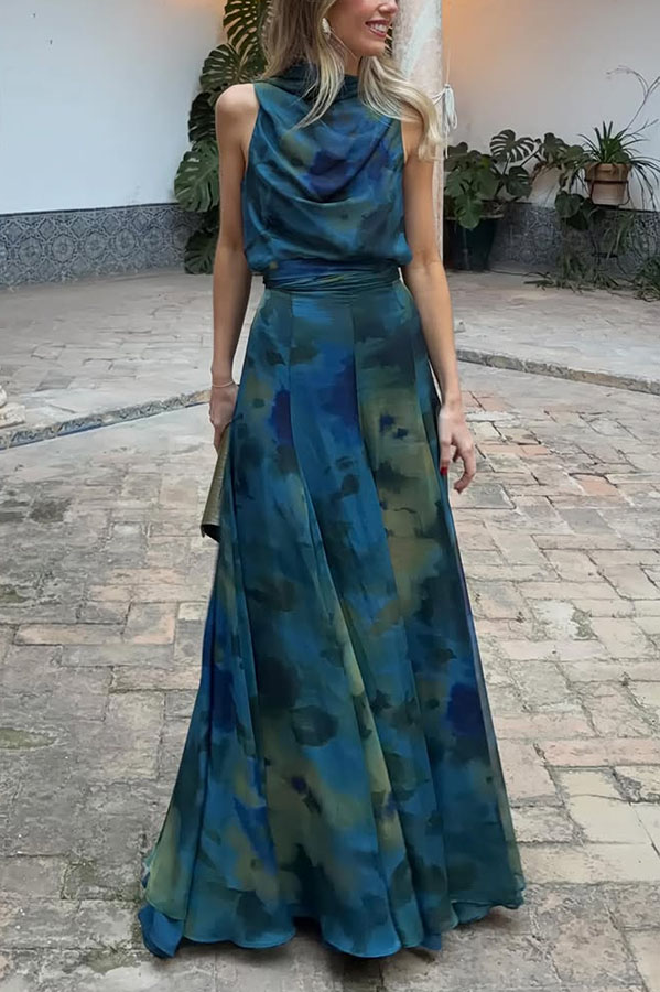 Ione Chiffon Ombré Print Cowl Neck Top and High Rise Maxi Skirt Set with Scarf