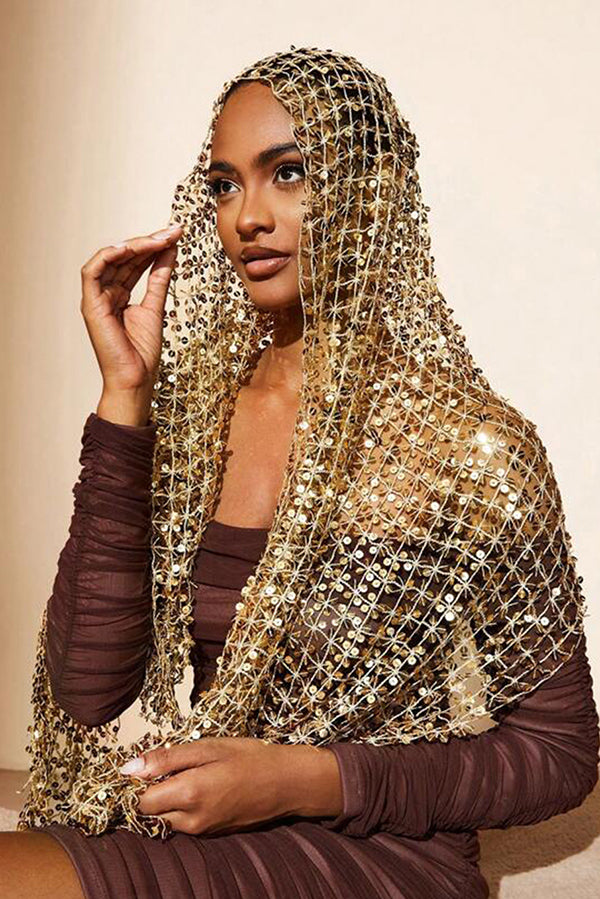 Stylish Sequined, Fringed, and Open-knit Shawl-style Scarf-Consonak