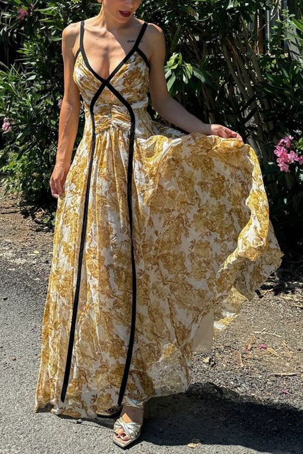 Violet Contrast Unique Print Pleated Backless Strappy Maxi Dress-consonak