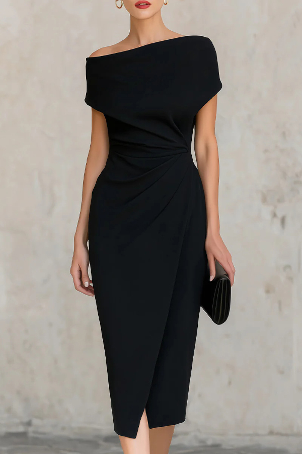 Solid Color Short-sleeved Fitted Waist Pleated Elegant Midi Dress | Consonak
