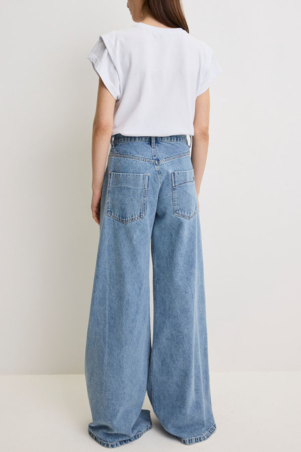 Harloe Denim High Rise Front Center Slit Rope Knot Design Pocket Wide Leg Jeans