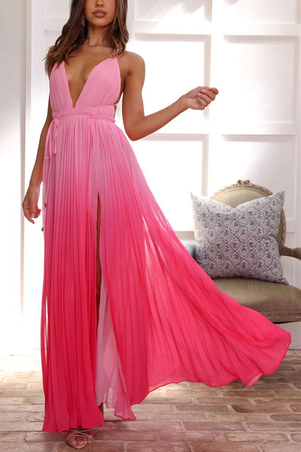 Love Letter To You Pleated Gradient Print Back Tie-up Slit Maxi Dress-consonak