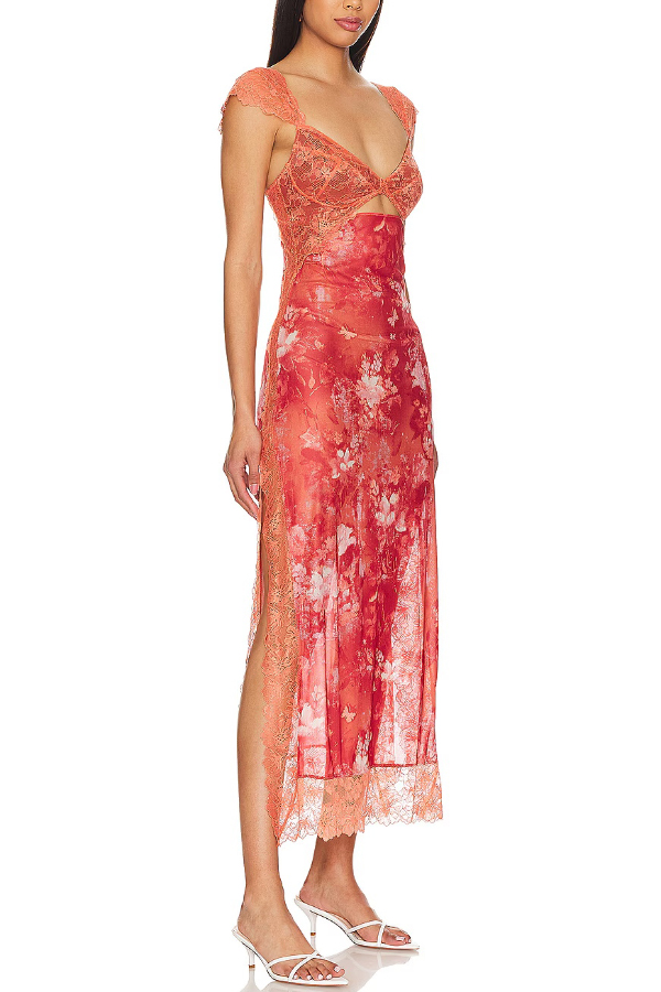 Floral Print Lace Patchwork Hollow-out Slim-fit Midi Dress-consonak