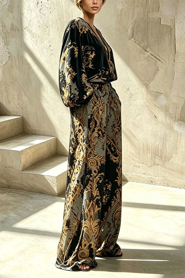Baroque Noir Statement Blouse and Wide-Leg Pant Set-Consonak