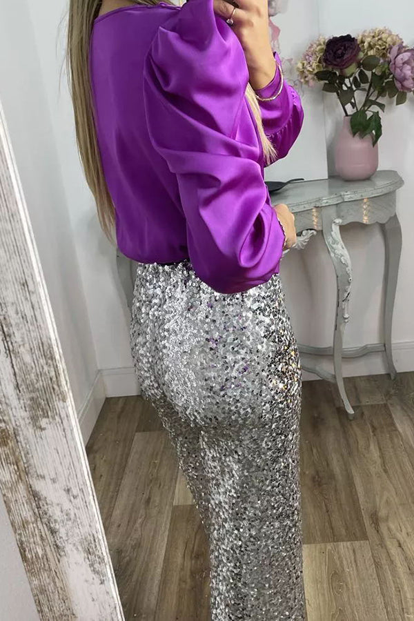Glitzy Glamour Sequin High Rise Elastic Waist Wide Leg Pants | Consonak