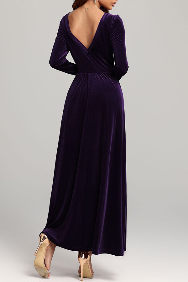 Solid Color Velvet Square Neck Long Sleeve Elegant Maxi Dress-consonak