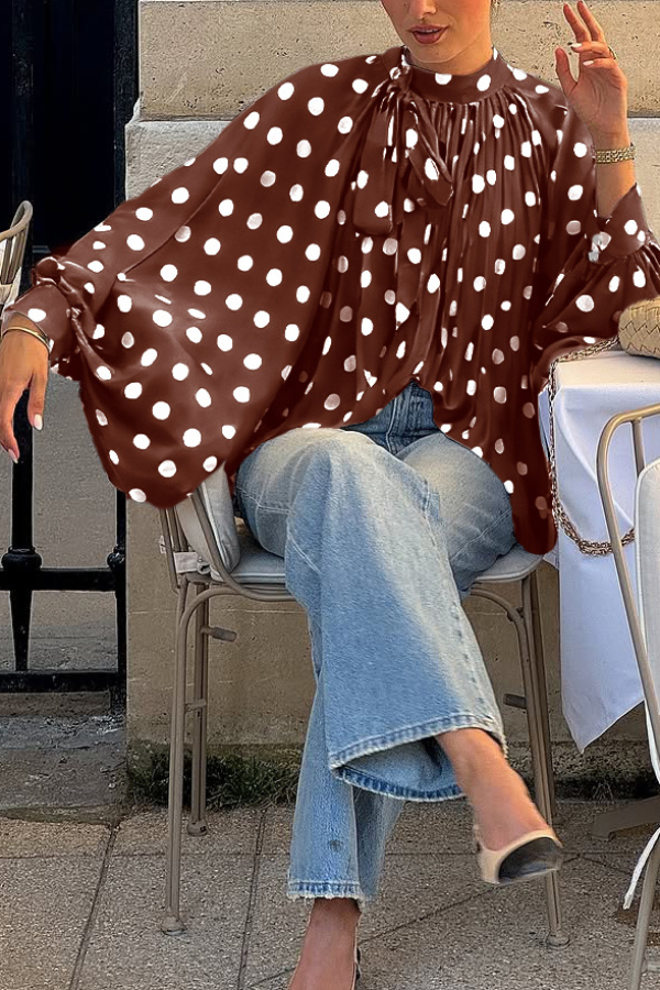 Polka Dot Print Tie-waist Lantern Sleeve Elegant Loose Shirt-consonak