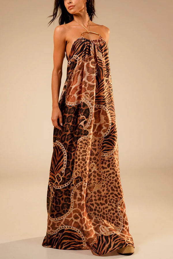 Savana Animal Paisley Print Metal Ring Halter Backless Vacation Maxi Dress