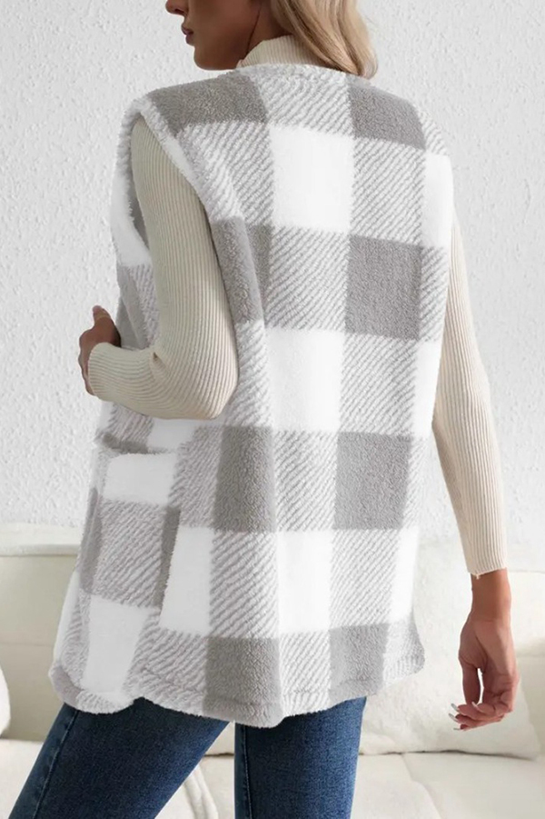 Fashionable Plaid Loose Pocket Sleeveless Jacket-consonak