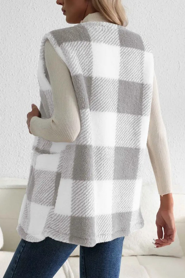 Fashionable Plaid Loose Pocket Sleeveless Jacket-consonak
