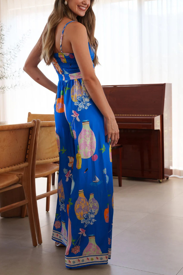 Unique Printed Sleeveless Spaghetti Strap Casual Vacation Loose Wide-Leg Jumpsuit