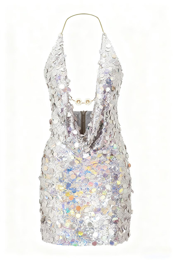 Sexy Halter Neck Sequined Open Back Mini Dress-consonak