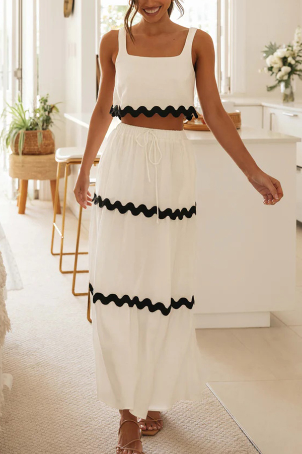 Napa Ric Rac Trims Sleeveless Crop Tank and Drawstring Elastic Waist Pocket Maxi Skirt-consonak