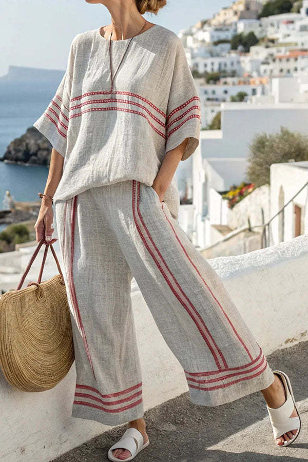 Linen Blend Unique Print Half Sleeve Top and Elastic Waist Pocket Loose Pants Set-consonak