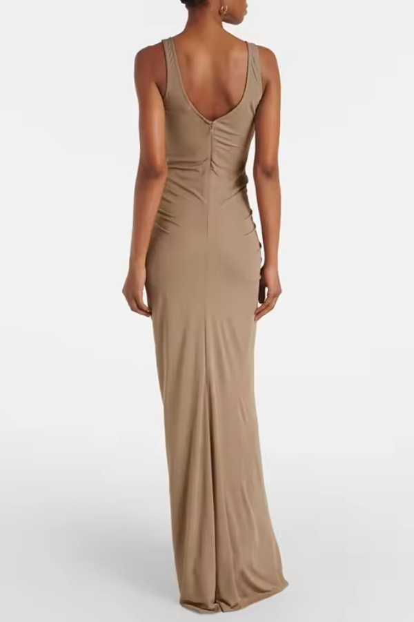 Solid Color Sleeveless Pleated Slim-fit Elegant Maxi Dress-consonak