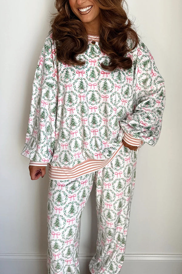 Christmas Print Loose Long-sleeved Top and Elastic Waist Casual Pants Set-consonak