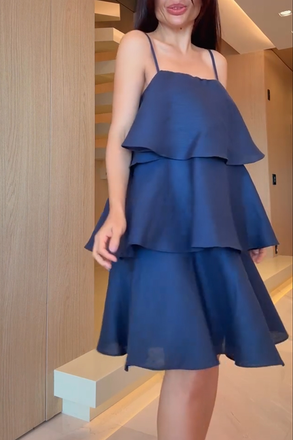 Sunlit Horizon Linen Blend Tiered Slip Square Neck A-line Mini Dress-consonak