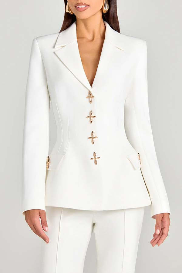 Women Power Metal Cross Snap Button Long Sleeve Lapel Blazer-consonak