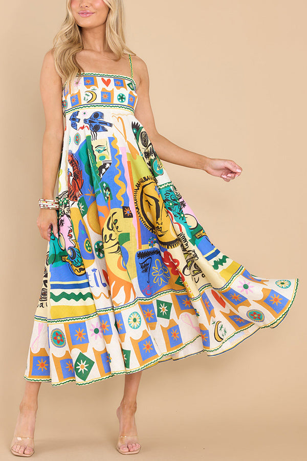 Joyful Glow Goddess Linen Blend Unique Print Pocketed Smocked Back Midi Dress-consonak