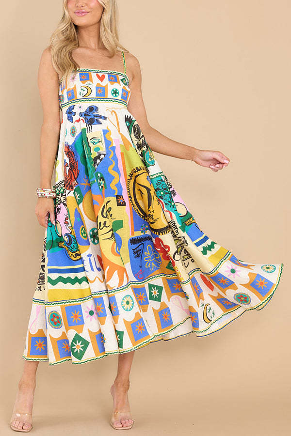 Joyful Glow Goddess Linen Blend Unique Print Pocketed Smocked Back Midi Dress-consonak