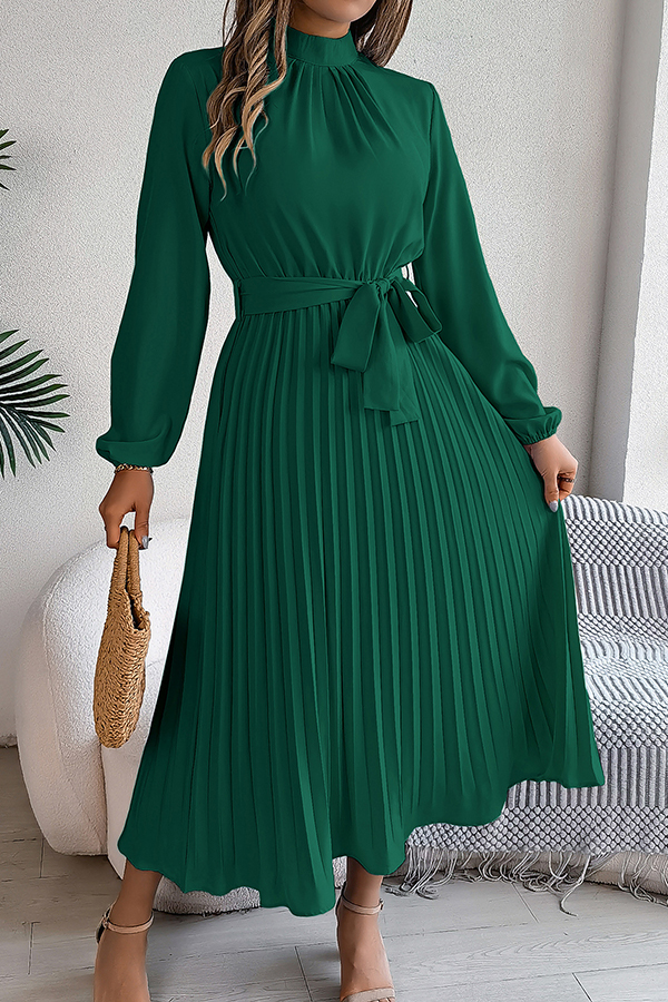 Elegant Stand-collar Long-sleeve Waisted Tie-up Pleated Midi Dress-consonak