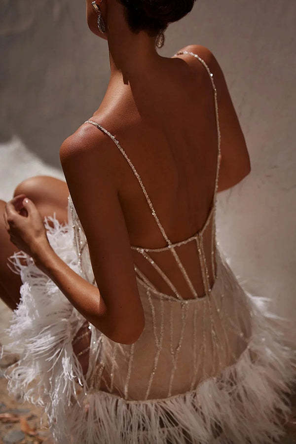 Fairy Lights Sequin Layered Feather Fringed Mesh Mini Dress-consonak