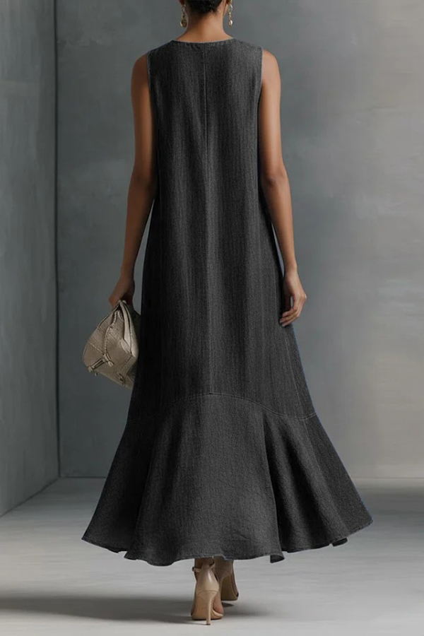 Stylish V-neck Sleeveless Loose-fitting Irregular Denim Midi Dress