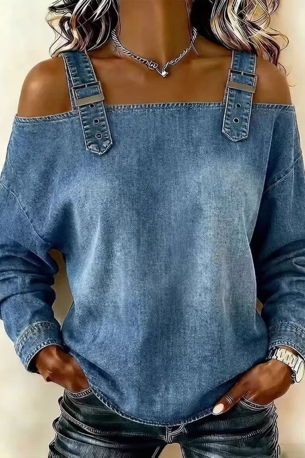 Fashionable Faux Denim Off-shoulder Long-sleeved Loose Top