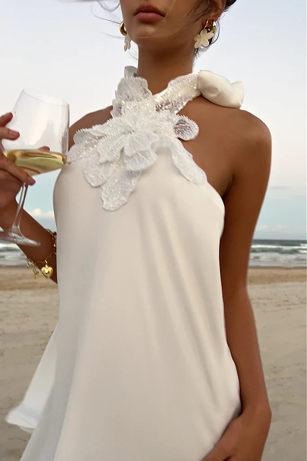 Floral Embellished Satin Halterneck Backless Resort Maxi Dress-consonak