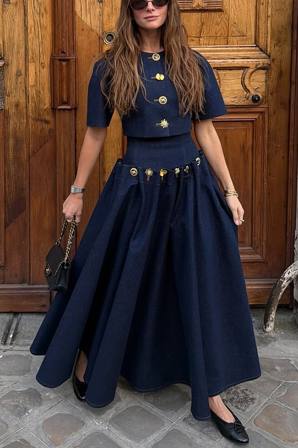Custom Look Denim Unique Metal Pattern Buttons Lace-up Waist Crisp Hem Maxi Skirt