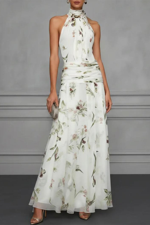 Aria Ruched Halter Floral Dress-Consonak