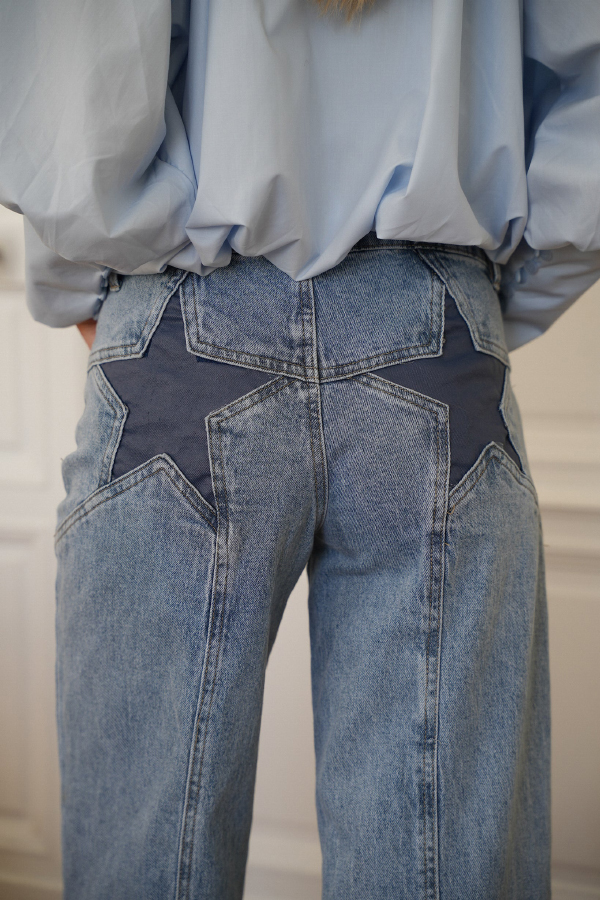 Stylish Denim Colorblock Star Patterned Mid Waist Pocket Wide Leg Jeans-consonak