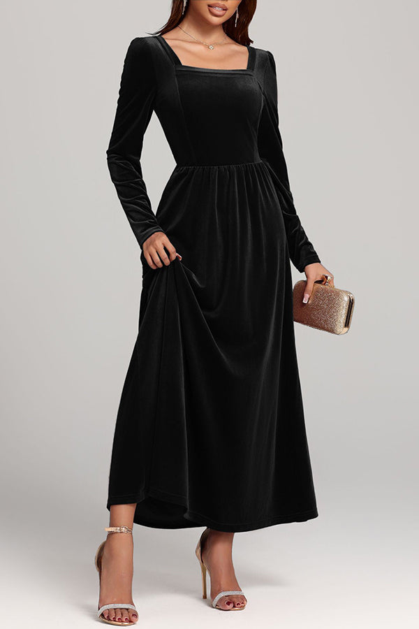 Solid Color Velvet Square Neck Long Sleeve Elegant Maxi Dress-consonak