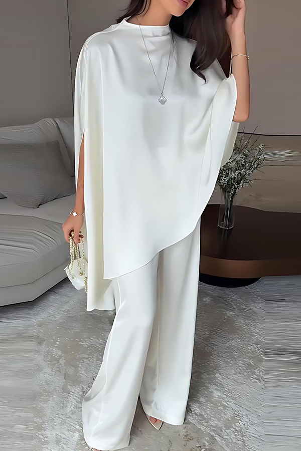 Iris Satin High Neck Cape Sleeve Irregular Hem Top and Elastic Waist Wide-Leg Pants Set-consonak