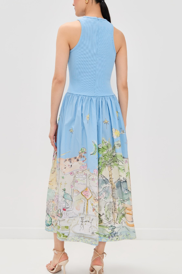 Ink Wash Print Round Neck Sleeveless Resort-style Midi Dress-consonak