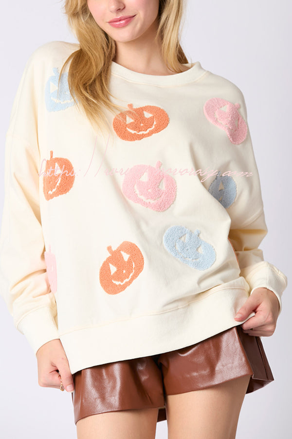 Halloween Colorful Pumpkin Embroidered Loose Casual Sweatshirt-consonak