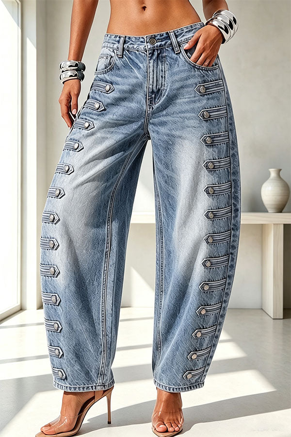 Napoleon-style Denim Metal Buttons Detail High Rise Pocket Loose Jeans-Consonak