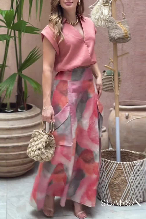 Laylin Wide Sleeve Shirt and Watercolor Print High Waist Drape Pocket Maxi Skirt Set-consonak